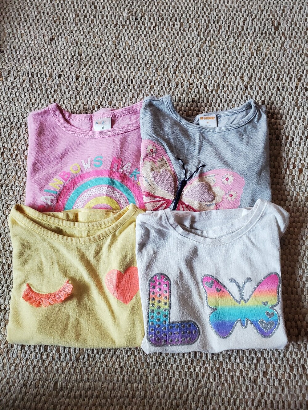 Set Of 4,  4T Girls Rainbow & Butterfly Graphic Tees - Pink, Gray, Yellow, White